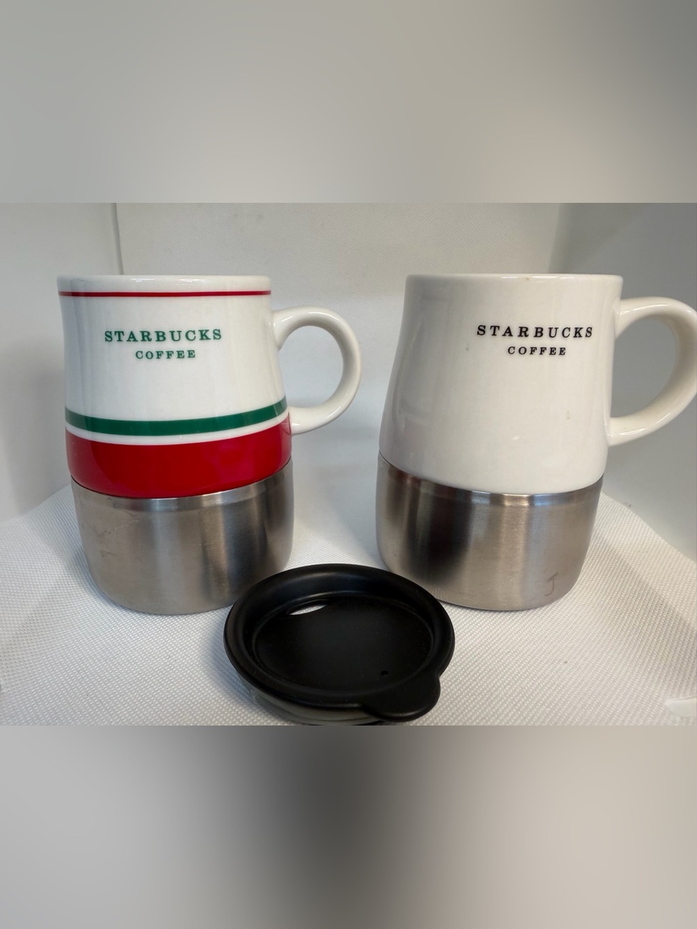 Two Starbucks Travel 14 Oz Mugs One Lid 2005/2006 Stainless Steel Bottoms